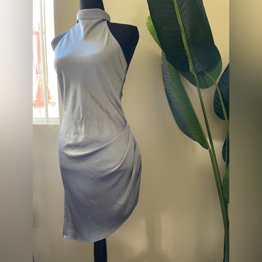 Satin Halter Asymmetrical Dress - Ice Blue